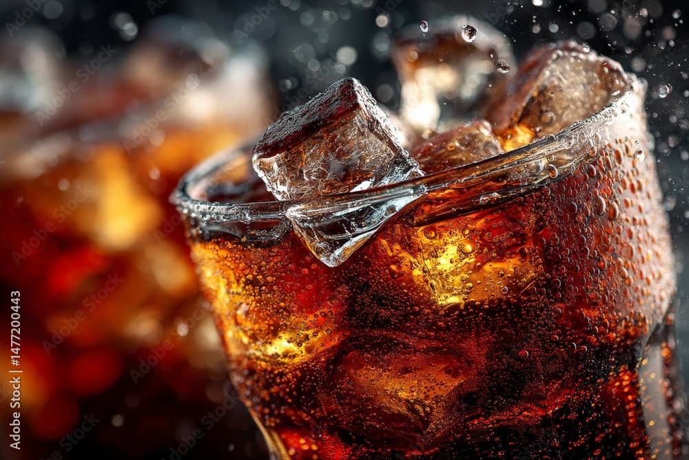 Poster sparkling beverage with ice cubes in a clear glass on a dark background at a restaurant setting