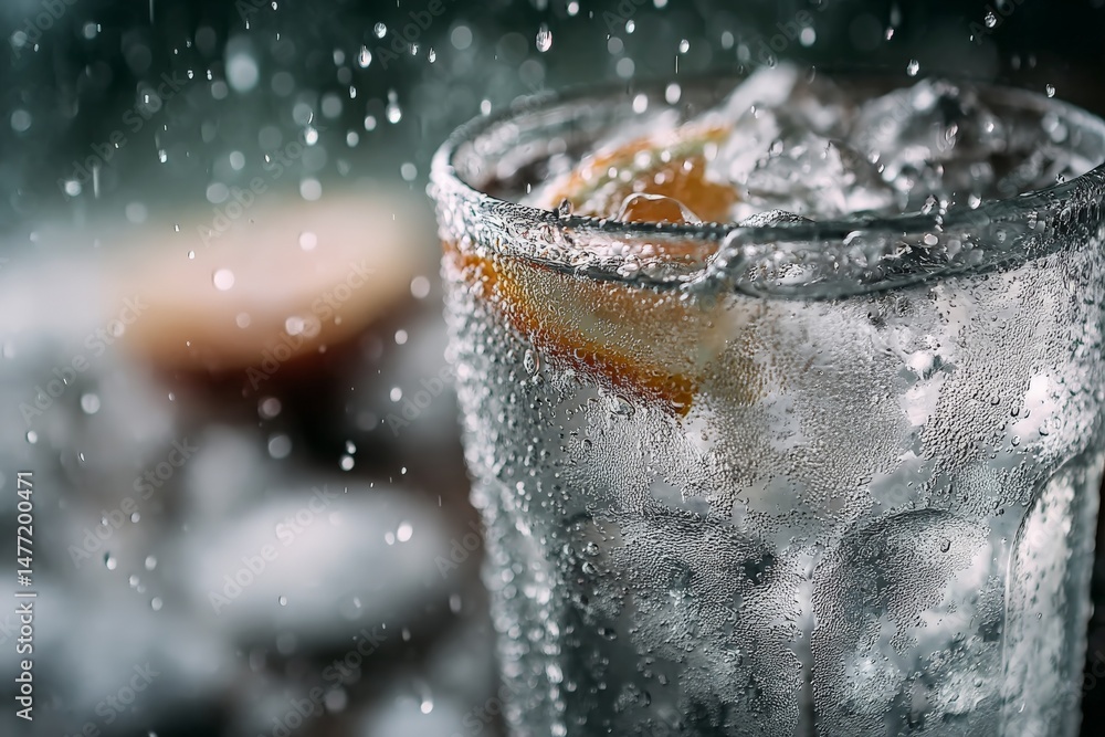 Poster Refreshing drink with ice and lemon slice while droplets of water add a chill effect