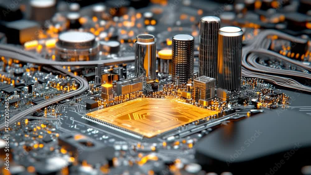 Poster digital circuitry: a close-up shot showcases the intricate details of a digital circuit board, highl