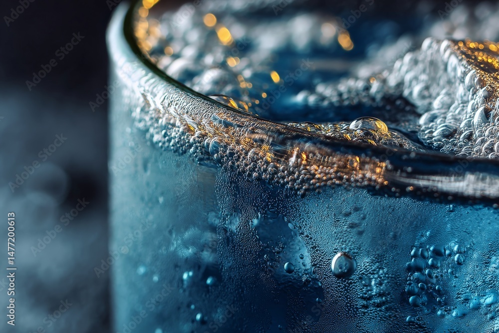 Aufkleber bubbling blue drink in a clear glass with condensation and shimmering reflections captured under sof