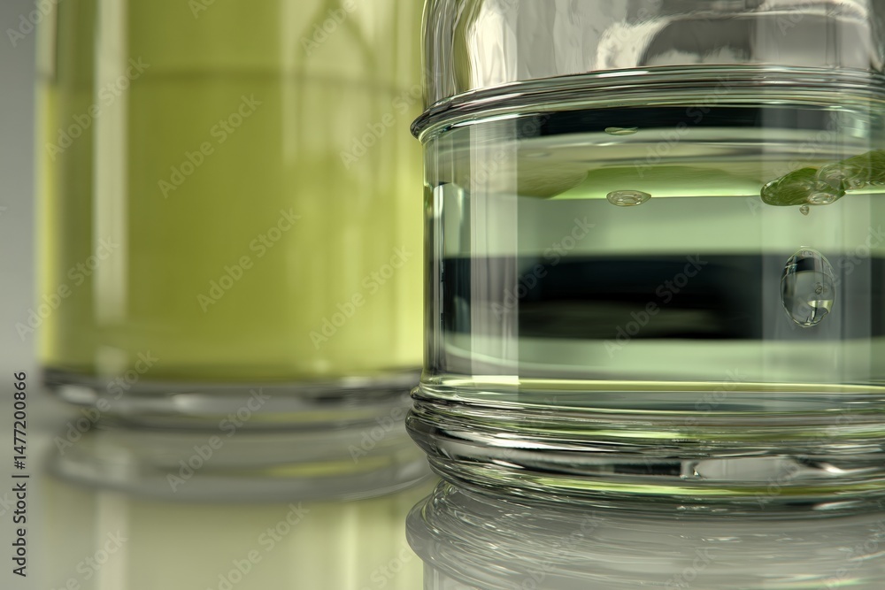 Poster glass containers with vibrant liquids reflecting light in a modern setting showcasing colors and tra