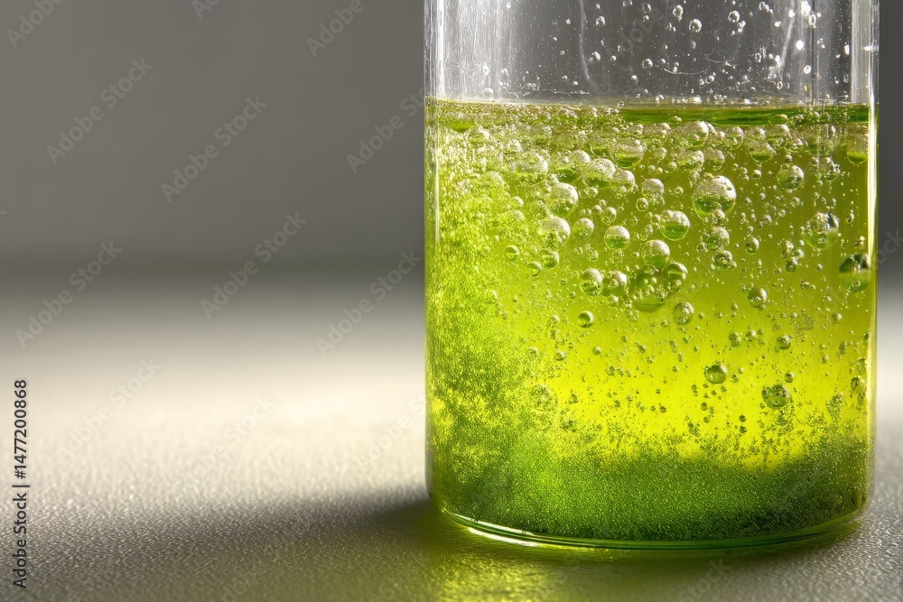 Poster colorful green liquid in a laboratory glass container with bubbles observed under light in a scienti