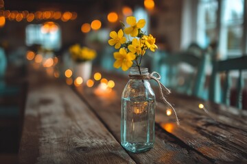 Yellow flowers in a glass bottle on a rustic wooden table in a cozy setting with ambient lights during evening time