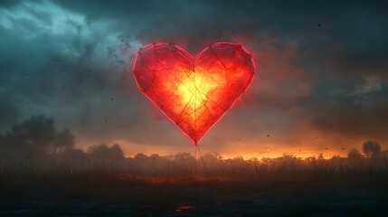 Fototapeta premium Glowing Red Heart Amidst Fiery Clouds High Resolution Illustration
