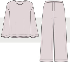 Long sleeve oversize basic sleepwear, lounge wear, pajama set fashion technical drawing, flat sketch, illustration.Front view, cad, mockup.
