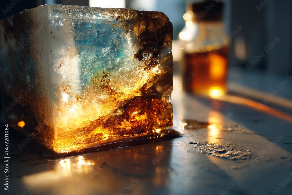Poster ice cube with vibrant colors reflecting light in a dimly lit space during late afternoon