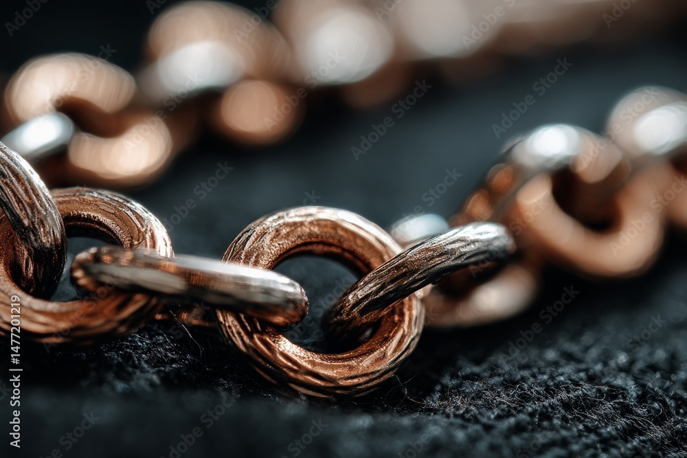 Poster close-up view of a textured metal chain on a dark background highlighting intricate details and refl