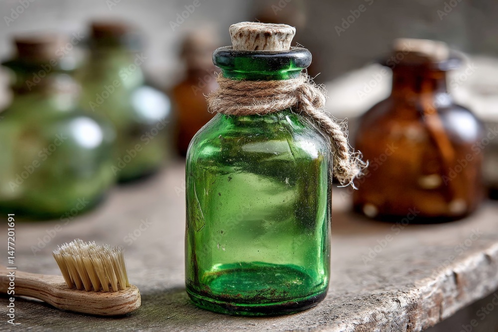 Aufkleber glass bottles and a toothbrush on a rustic wooden table in a vintage setting showcasing natural mate