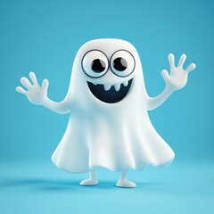 Obraz premium Cute cartoon ghost character with cheerful expression and arms raised