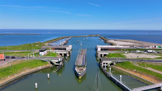 Aerial timelapse from sluices at Kornwerderzand on the Afsluitdijk in the Netherlands