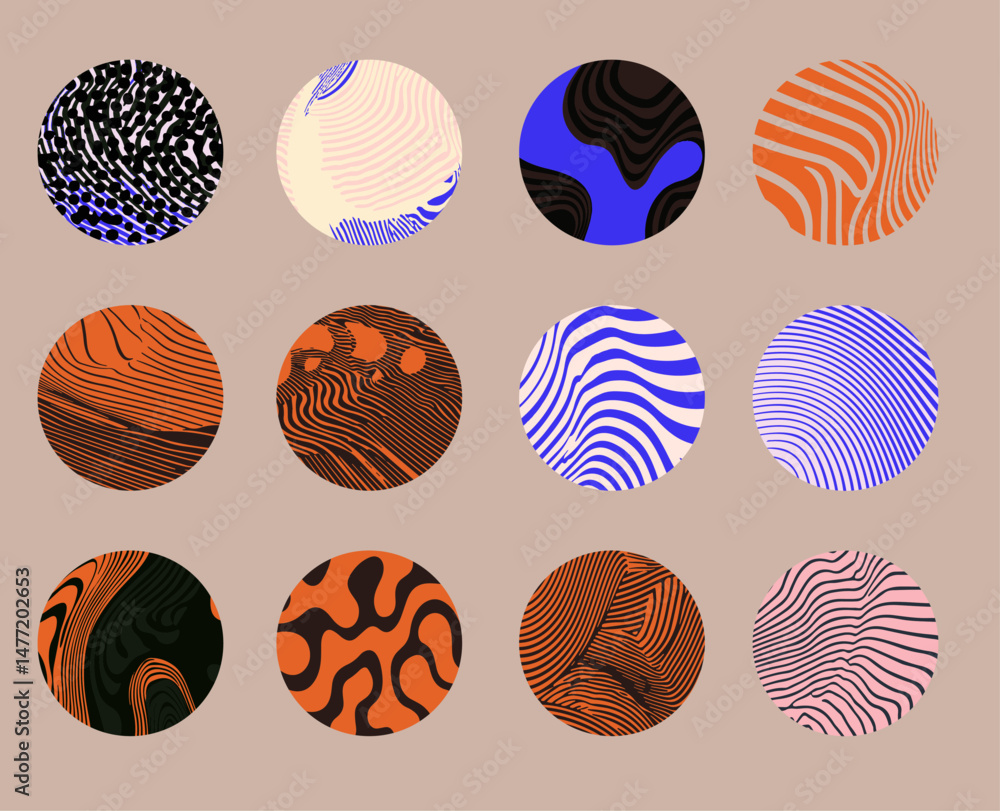 Poster Set of vector illustrations featuring abstract circles with wavy, striped and fluid patterns. The design uses modern, psychedelic and retro Y2K-inspired style with bold, contrasting colors.