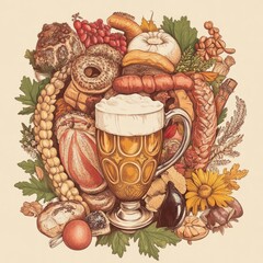 A glass of beer surrounded by various baked goods, fruits, nuts, and foliage.
