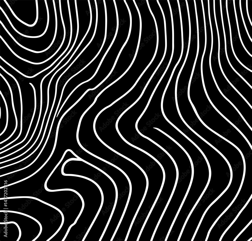 Poster psychedelic 70s style vector illustration in black and white. flowing, abstract wavy lines create a 