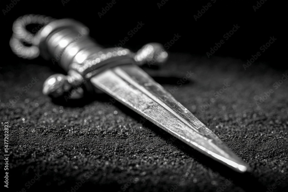 Poster intricate silver dagger resting on a dark fabric background captured in black and white with detaile