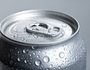 Close-up of a cold, sweating aluminum can with condensation droplets.  Perfect for beverage, refreshment, or summer themes.