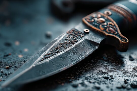 Close-up view of intricate knife craftsmanship showcased on a textured surface in a workshop setting