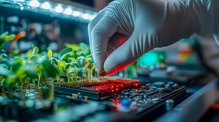 Scientist injecting sample into plant lab tray under red light