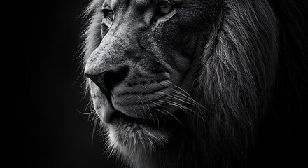 A powerful black and white close-up portrait capturing the intense gaze and majestic mane of a lion in dramatic profile lighting.