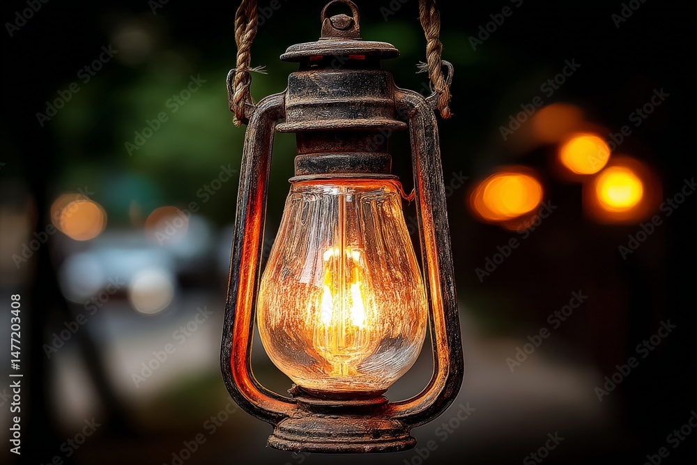 Aufkleber Lantern casting warm glow in the evening with blurred lights in the background creating a cozy atmosphere