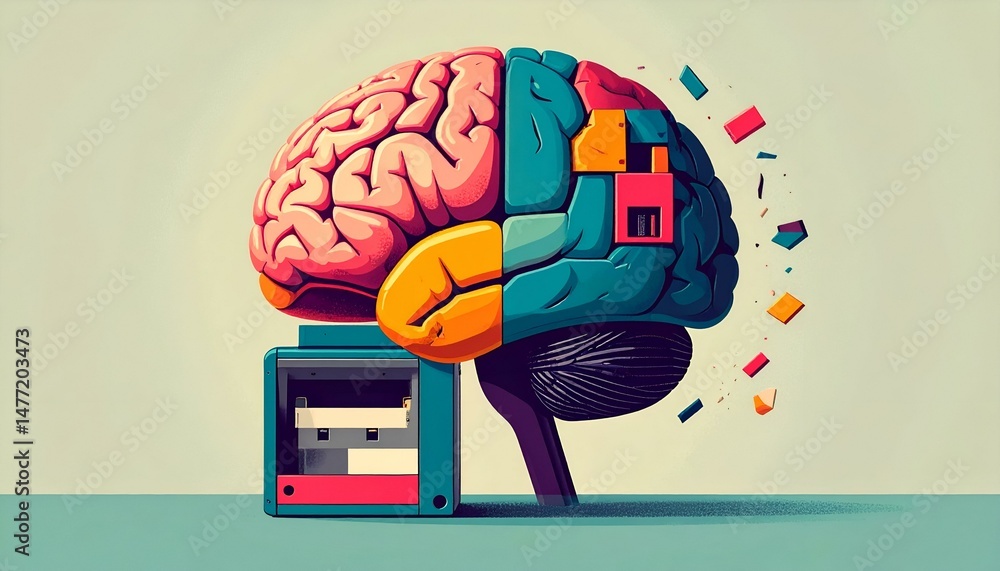Poster abstract illustration of a brain merging with technology, representing the connection between mind a