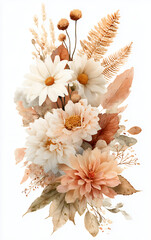 flower bouquet with beige white and terracotta blossoms arranged with grasses and foliage, rustic boho style botanical composition for autumn seasonal decor wedding or vintage floral design