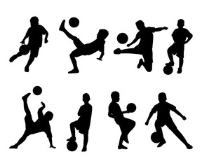 silhouette kid play football on white background