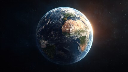 Earth planet view from space showing continents oceans and sunlight.