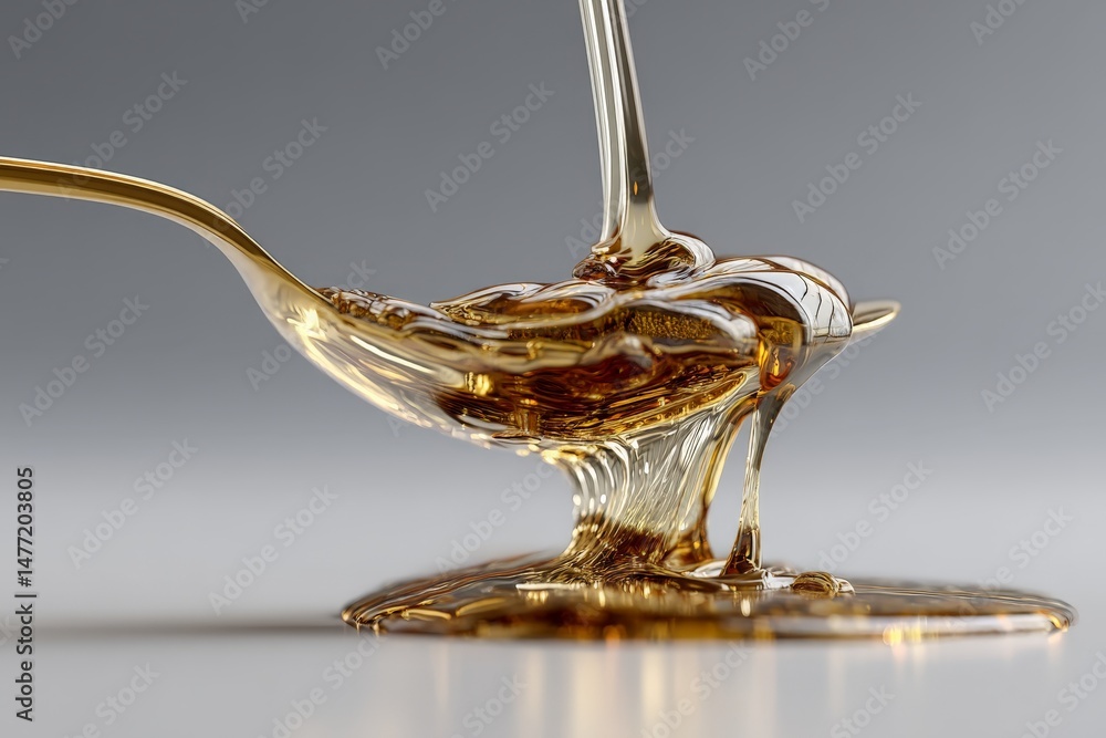 Poster golden honey drizzling from a spoon creates a captivating swirl on a smooth surface