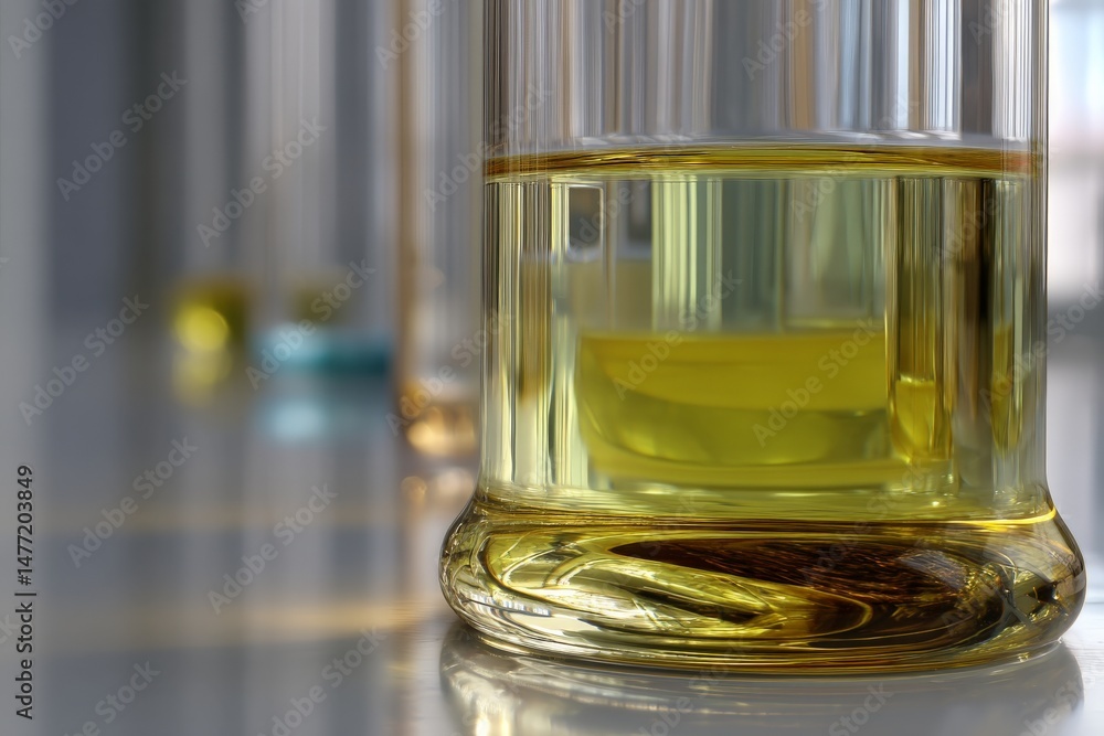 Poster bright yellow liquid captured in a clear glass container against a simple background at a well-lit s