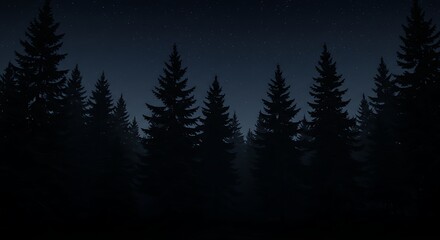 A moody night scene with the dark silhouettes of a coniferous forest standing against a vast, star-filled deep blue and purple sky.