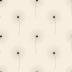 Seamless pattern with flying dandelion seeds. Fluffy dandelion. Dark fluffy silhouette on creme background. Vector illustration