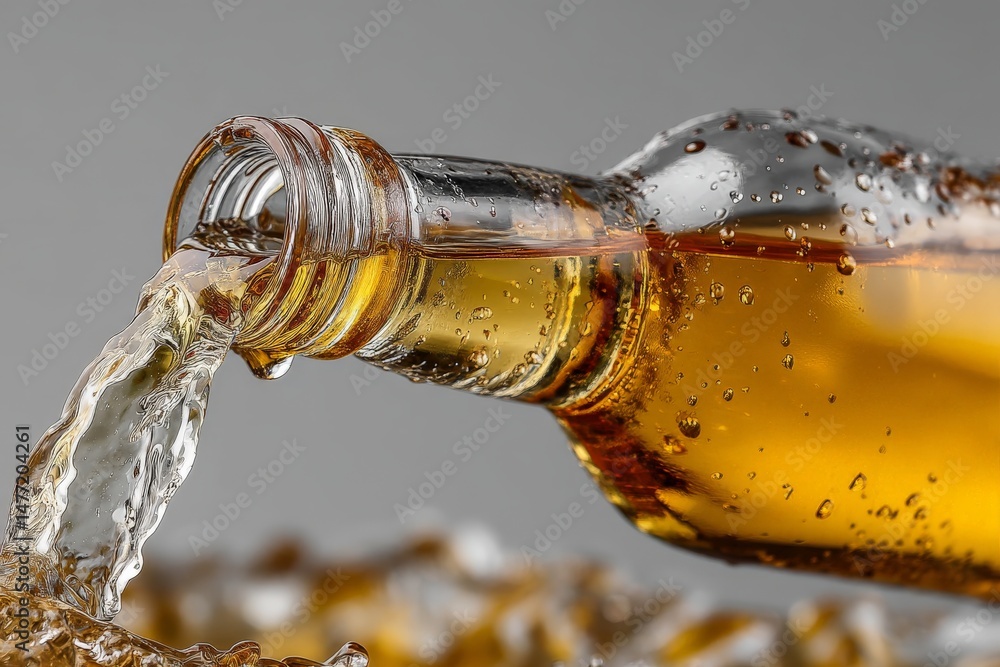 Poster Refreshing golden beverage pours from glass bottle creating sparkling droplets in a stylish setting