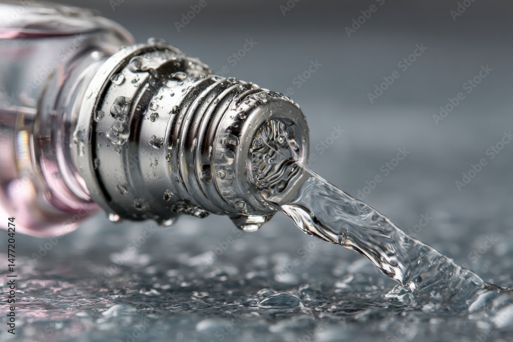 Poster Water flowing from a metal bottle spout on a surface with droplets in a well-lit environment during the day