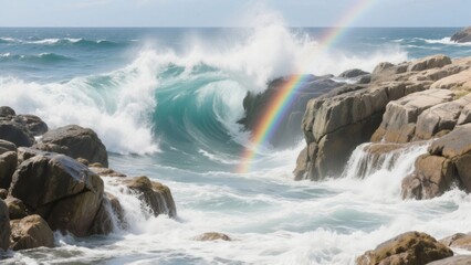 Powerful Ocean Wave Crashing Against Rocky Shore with Rainbow