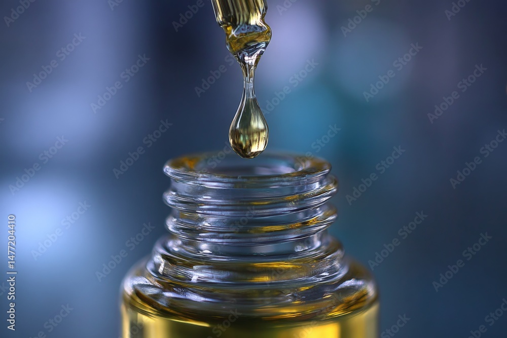 Poster oil drop falling from a pipette into a clear glass bottle in a laboratory setting
