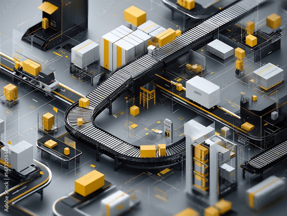 Poster automated logistics system visualization showcasing interconnected conveyor belts
