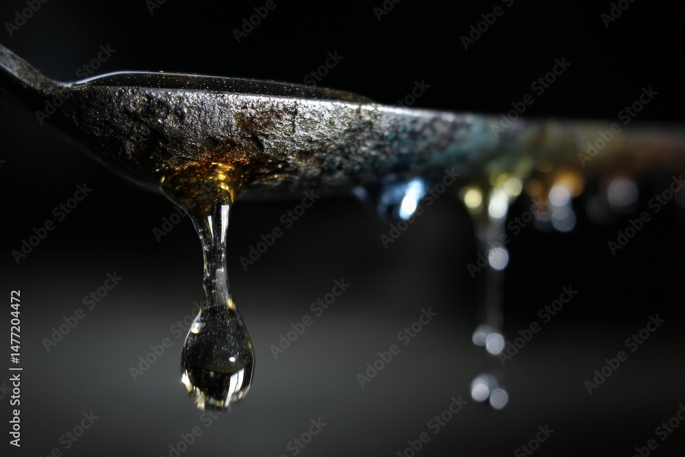 Poster Close-up of a metallic spoon with droplets of syrup cascading from its edge under dim light