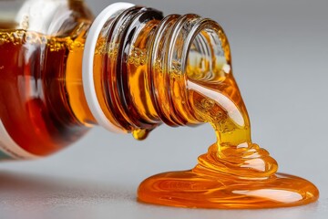 Honey drips from a glass bottle with a modern design on a smooth surface