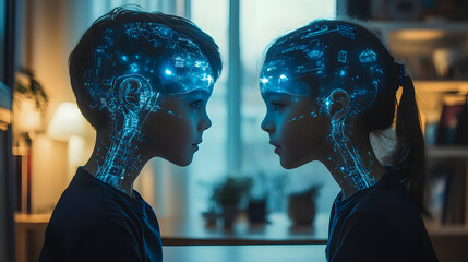 Two AI humanoids facing each other in data room