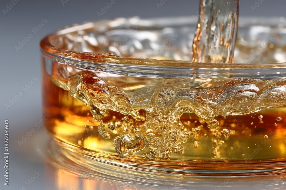Aufkleber Golden liquid flowing into glass dish creates ripples and bubbles during close-up capture in a studio setting