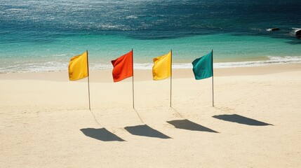 Alternating colored flags forming a visual line across sun-drenched white beach