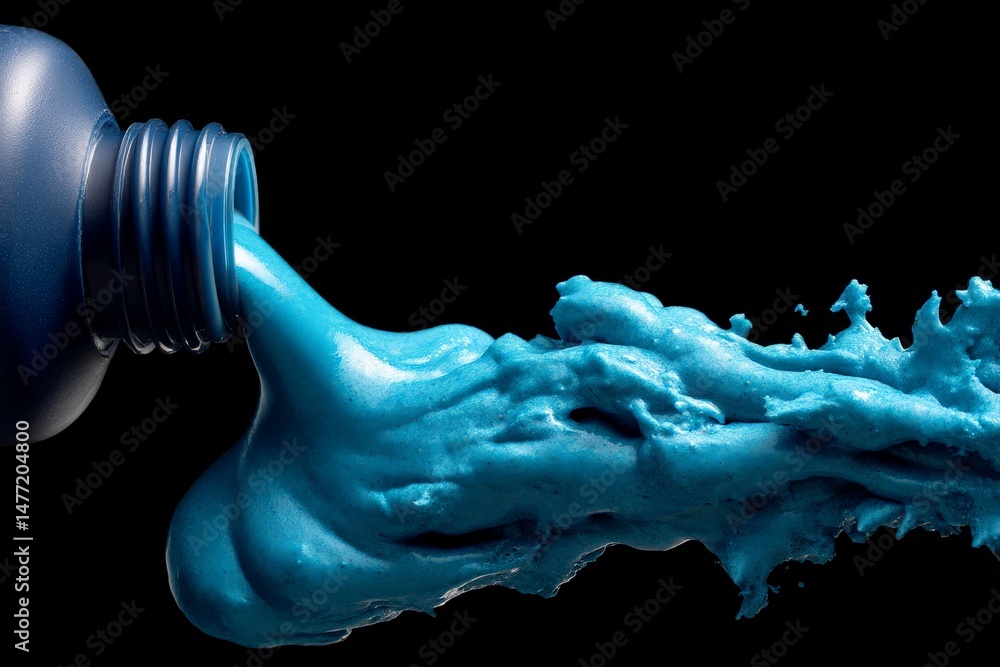 Aufkleber dynamic blue paint flowing from a bottle, creating an artistic splash against a black background
