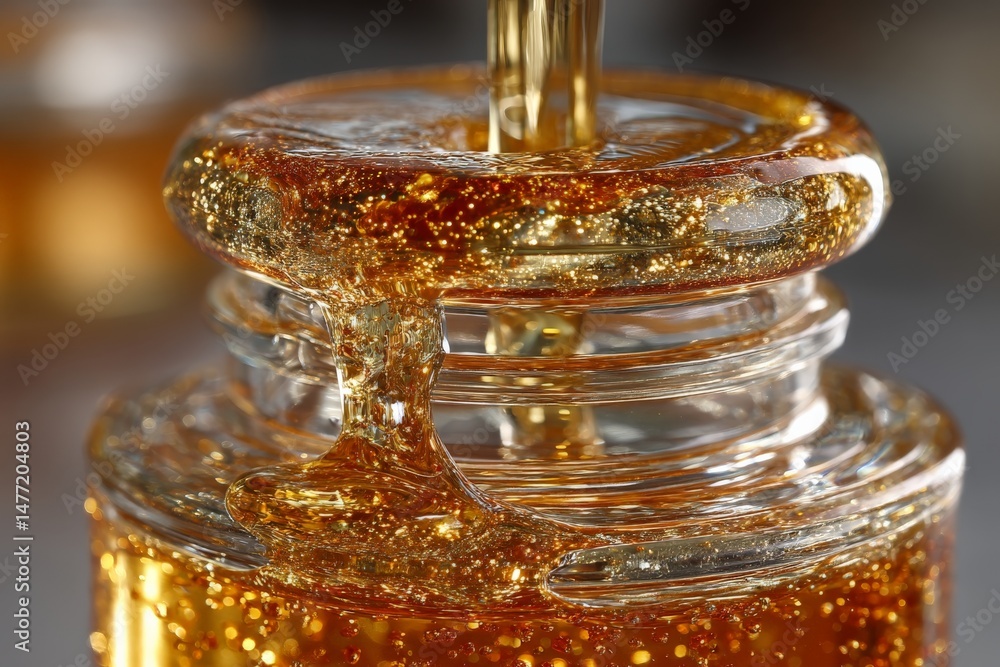 Aufkleber Sweet golden honey flows from a jar creating a shimmering cascade in soft sunlight