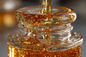 Sweet golden honey flows from a jar creating a shimmering cascade in soft sunlight