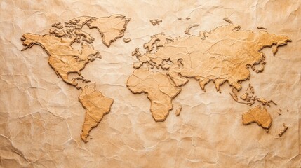 Aged world map on crumpled paper texture background. Vintage global travel history geography design template for presentations, websites, art.