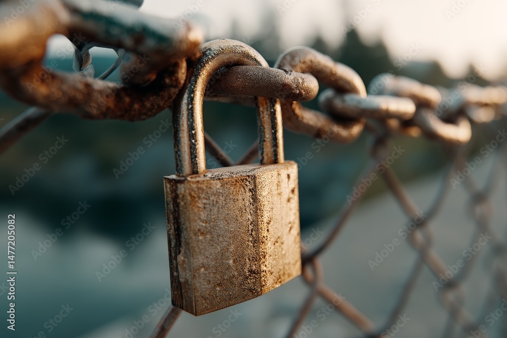 Poster rusty padlock hanging on a chain link fence by a lake during golden hour sunlight illuminating the s