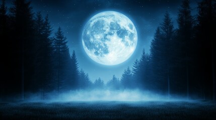 Mystical glowing blue full moon over dark foggy forest at night. Atmospheric nature background scene for Halloween, fantasy, spooky concepts.