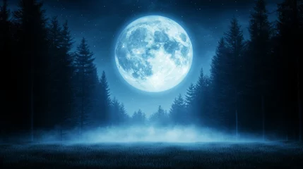 Poster Volle maan Mystical glowing blue full moon over dark foggy forest at night. Atmospheric nature background scene for Halloween, fantasy, spooky concepts.  © Vadymation