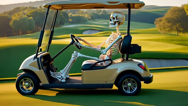 Skeleton Driving Golf Cart on Scenic Course Under Morning Light