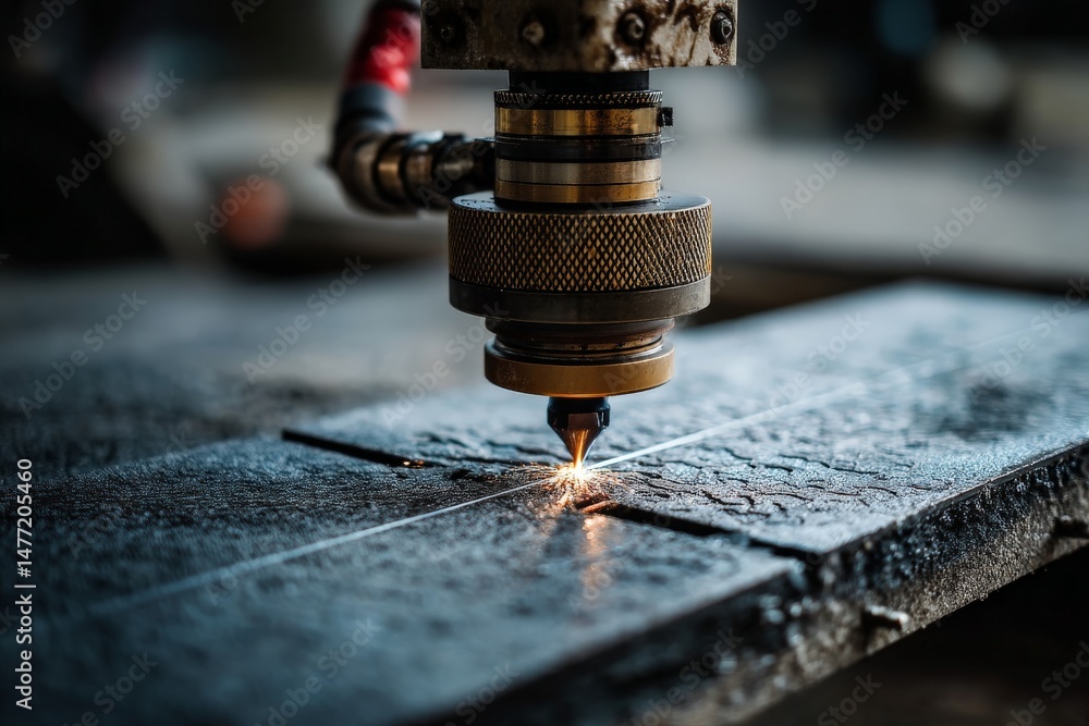 Poster precision cutting with a laser on metal at a workshop during daylight hours
